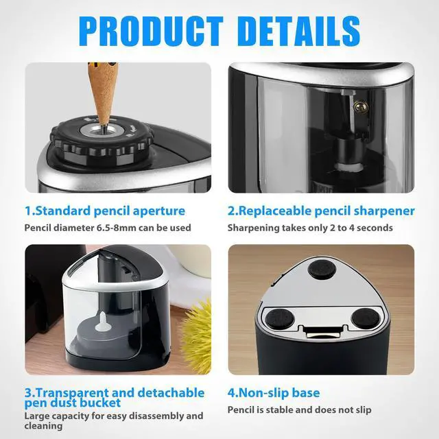 Alt view image 3 of 7 - Electric Pencil Sharpener - Auto Sharpener Fit for No.2/6-8 mm Pencils, Electric Sharpener for Home/School/Office (Black)