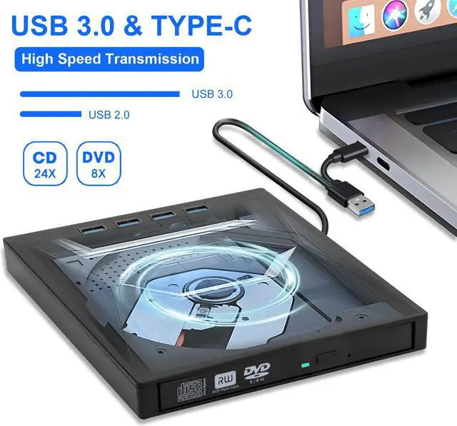 Alt view image 2 of 7 - 7 in 1 USB 3.0 Multi-function External CD/DVD Drive - Type-C CD/DVD +/-RW Player Reader Writer Burner, 4 USB Ports, Support SD/TF Card, Optical CD DVD Drive  (Black)