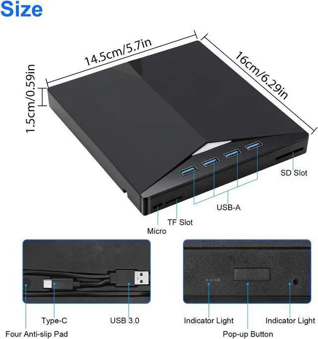 Alt view image 6 of 7 - 7 in 1 USB 3.0 Multi-function External CD/DVD Drive - Type-C CD/DVD +/-RW Player Reader Writer Burner, 4 USB Ports, Support SD/TF Card, Optical CD DVD Drive  (Black)