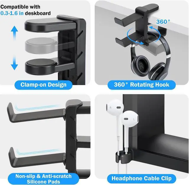Alt view image 2 of 6 - 3-In-1 360° Rotating Headphone & Controller Stand Holder - Headphones Hanger Adjustable & Rotating Arm Clamp,Headphone Stand Under Desk, Universal Headset Controllers Hook With Cable Organizer (Black)