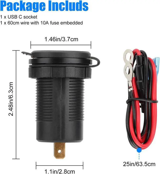 Alt view image 7 of 7 - USB C Outlet Charger - Two 20W USB-C PD and 18W QC3.0 Socket Waterproof Power Outlet 12V/24V with Power Switch for Car Boat Bus Truck RV Motorcycle
