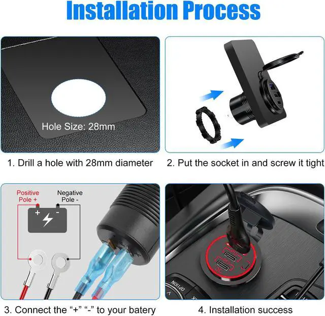 Alt view image 2 of 7 - USB C Outlet Charger - Two 20W USB-C PD and 18W QC3.0 Socket Waterproof Power Outlet 12V/24V with Power Switch for Car Boat Bus Truck RV Motorcycle