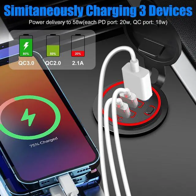 Alt view image 6 of 7 - USB C Outlet Charger - Two 20W USB-C PD and 18W QC3.0 Socket Waterproof Power Outlet 12V/24V with Power Switch for Car Boat Bus Truck RV Motorcycle