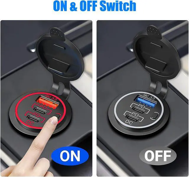 Alt view image 3 of 7 - USB C Outlet Charger - Two 20W USB-C PD and 18W QC3.0 Socket Waterproof Power Outlet 12V/24V with Power Switch for Car Boat Bus Truck RV Motorcycle