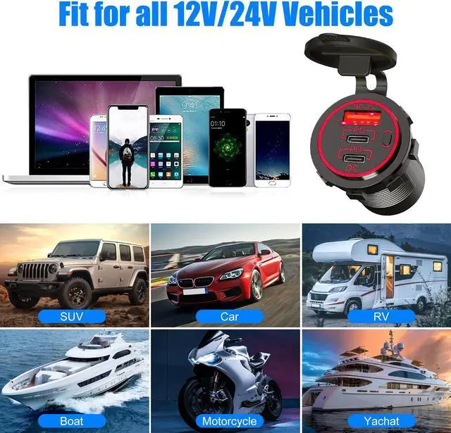 Alt view image 5 of 7 - USB C Outlet Charger - Two 20W USB-C PD and 18W QC3.0 Socket Waterproof Power Outlet 12V/24V with Power Switch for Car Boat Bus Truck RV Motorcycle