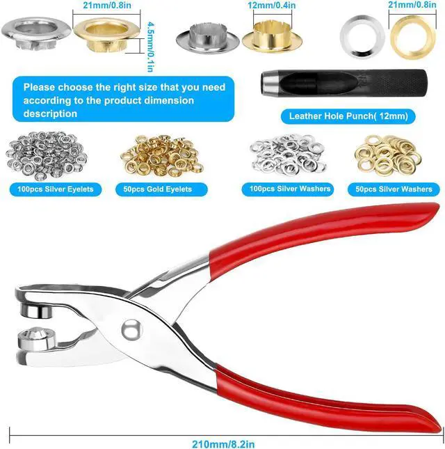 Alt view image 6 of 7 - 1/2 Inch Grommet Tool Kit - Leather Hole Punch Pliers ,150 Metal Eyelets in Gold and Silver for Leather, Shoes, Fabric, Belt , DIY Craft and Repairs