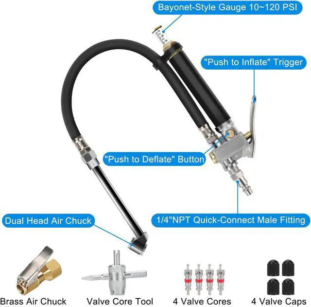 Alt view image 6 of 7 - Tire Inflator with Dual Head Pressure Gauge (10-120 PSI) - Precision Inflation and Deflation for Cars, Trucks, and Motorcycles 1/4" NPT - 12" Hose