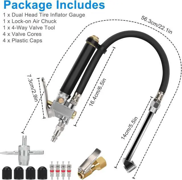 Alt view image 7 of 7 - Tire Inflator with Dual Head Pressure Gauge (10-120 PSI) - Precision Inflation and Deflation for Cars, Trucks, and Motorcycles 1/4" NPT - 12" Hose