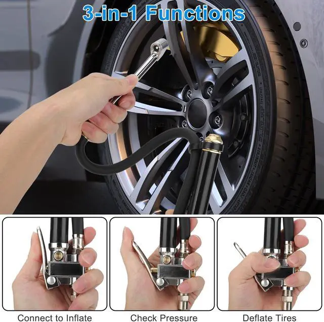 Alt view image 4 of 7 - Tire Inflator with Dual Head Pressure Gauge (10-120 PSI) - Precision Inflation and Deflation for Cars, Trucks, and Motorcycles 1/4" NPT - 12" Hose