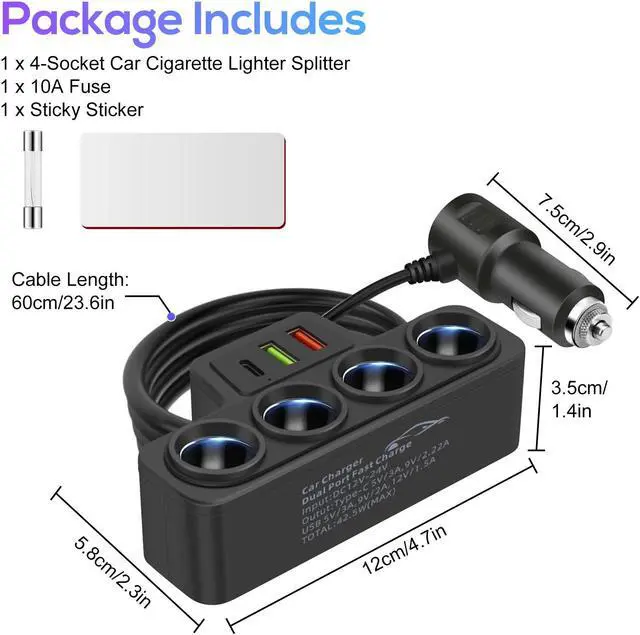 Alt view image 7 of 7 - 7-in-1 120W High Power Fast Charging Car Charger Adapter with 4-Way Splitter and Triple USB Ports for 12V/24V Vehicles (Black)