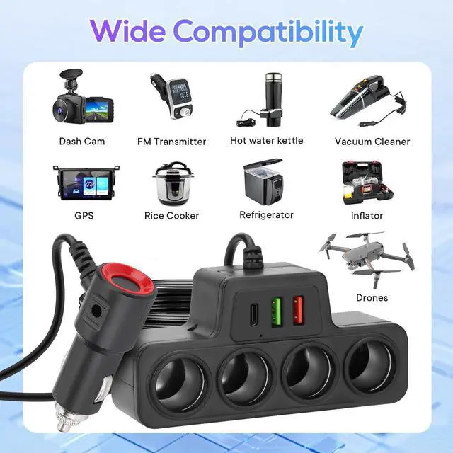 Alt view image 3 of 7 - 7-in-1 120W High Power Fast Charging Car Charger Adapter with 4-Way Splitter and Triple USB Ports for 12V/24V Vehicles (Black)