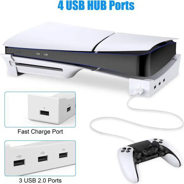 Alt view image 3 of 7 - Horizontal Stand for PS5 Slim with 4 Port USB Hub - Stable Base for Playstation 5 Slim Disc & Digital Edition, Space-Saving Controller Charging Holder
