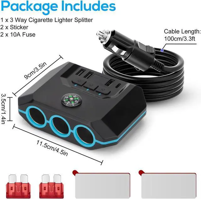 Alt view image 7 of 7 - 7-in-1 Car Charger Power Adapter - 3 Way Cigarette Lighter Socket Splitter with 4 USB Ports including PD and QC, LED Voltage Display for 12V/24V Vehicles