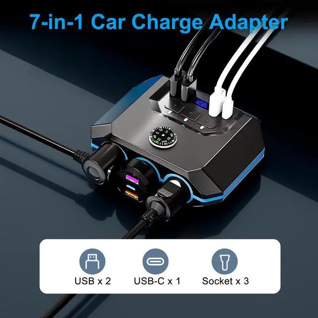 Alt view image 4 of 7 - 7-in-1 Car Charger Power Adapter - 3 Way Cigarette Lighter Socket Splitter with 4 USB Ports including PD and QC, LED Voltage Display for 12V/24V Vehicles