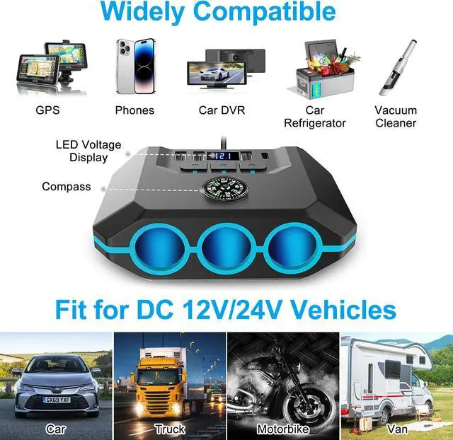 Alt view image 3 of 7 - 7-in-1 Car Charger Power Adapter - 3 Way Cigarette Lighter Socket Splitter with 4 USB Ports including PD and QC, LED Voltage Display for 12V/24V Vehicles