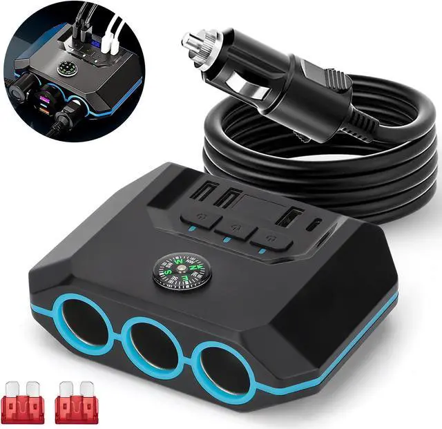 Main image of 7-in-1 Car Charger Power Adapter - 3 Way Cigarette Lighter Socket Splitter with 4 USB Ports including PD and QC, LED Voltage Display for 12V/24V Vehicles