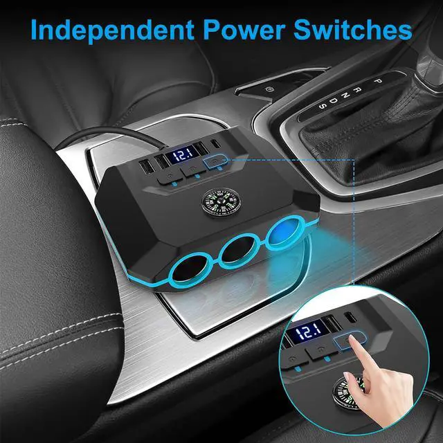 Alt view image 2 of 7 - 7-in-1 Car Charger Power Adapter - 3 Way Cigarette Lighter Socket Splitter with 4 USB Ports including PD and QC, LED Voltage Display for 12V/24V Vehicles