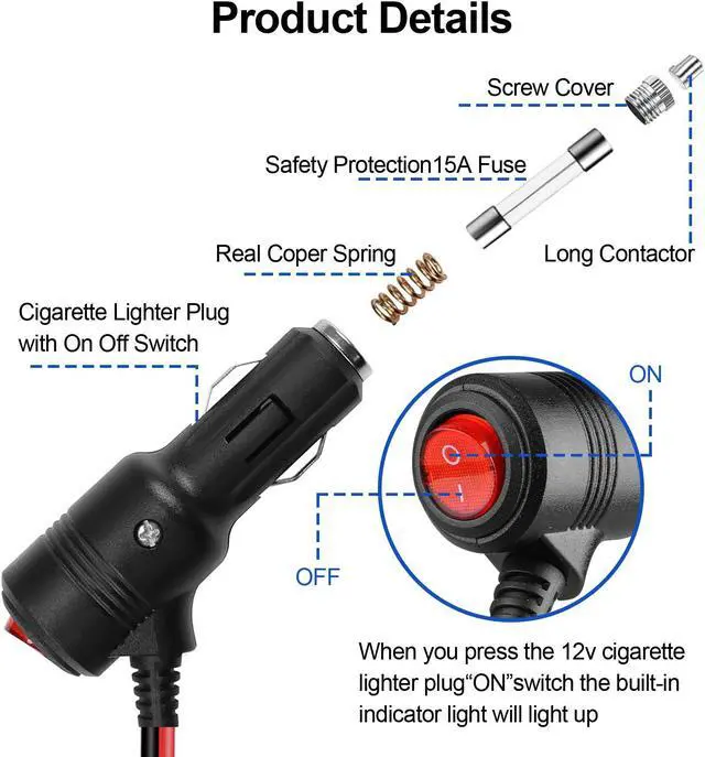 Alt view image 6 of 7 - 2 Pcs12V Cigarette Lighter Plug With On/Off Switch - Terminal Harness Cable with Switch ON/OFF,12V Heavy Duty 16 AWG 15A Fuse Protection Power Cord for Power Inverter