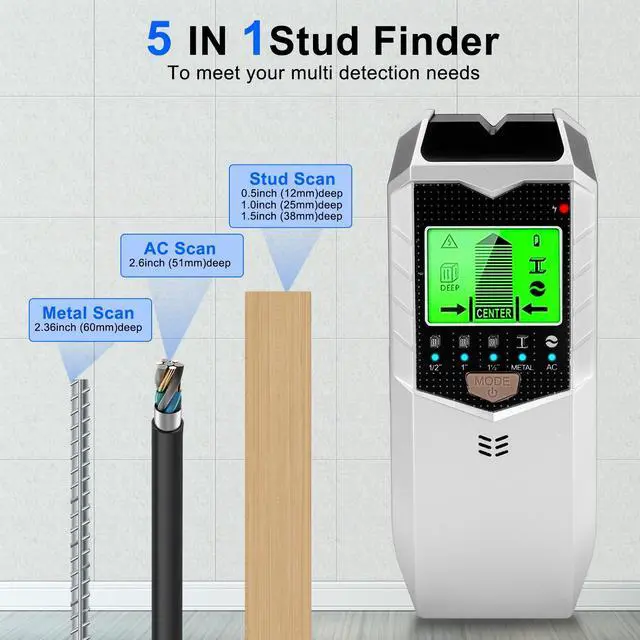 Alt view image 2 of 7 - NSI 5 in 1 Stud Finder Wall Scanner - Stud Finder Wall Sensor Detector with LED Display & Audio Alarm for Wood, Metal, AC Wire Detectior(Silver)