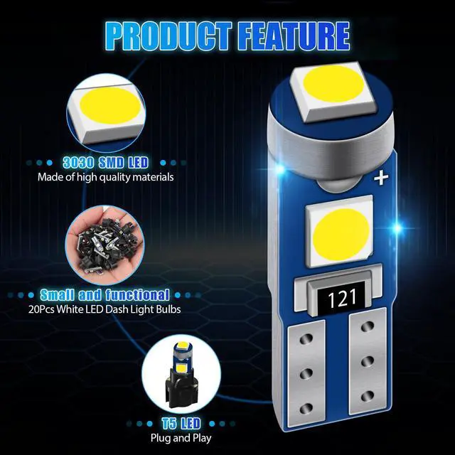 Alt view image 2 of 4 - NSI 20Pcs T5 SMD-3030 LED Bulbs Dashboard Lights with Sockets Included - Easy Installation,For side markers,speedometer lights, instrument cluster, gauge bulbs etc (Blue)
