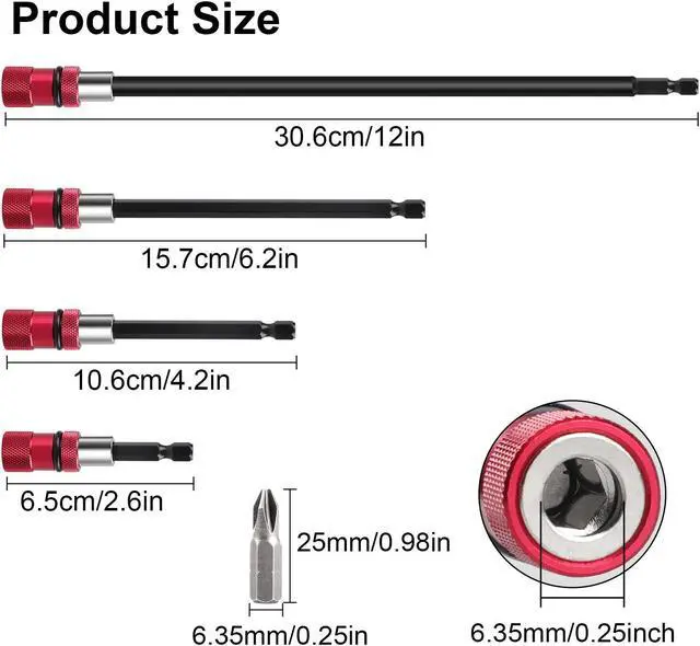 Alt view image 3 of 7 - NSI 4Pcs Steel Drill Extension Bit Holder Set - 12'' 6'' 4'' 2'' Magnetic Drill Screwdriver Bit Extender 1/4 inch Hex Bit Holder, Impact Driver Extension Adjustable Depth Screwdriver