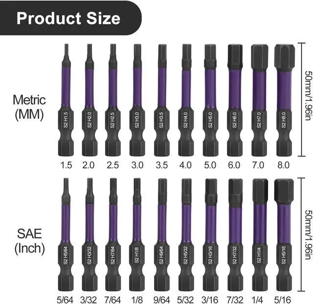 Alt view image 5 of 6 - NSI 20Pcs Impact Hex Head Allen Wrench Drill Bit Set - S2 Steel Hex Bits Set,1/4 Hex Shank with Magnetism,for Household DIY,Woodworking, Automobiles