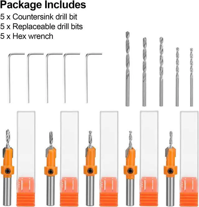 Alt view image 7 of 7 - NSI 15Pcs Countersink Drill Bit Set - Wood Tapered Drill Bits with 5Pcs Extra Replaceable Drill bit,5pcs Hex wrench,Countersink Drill Bit Set for Woodworking, Opening Holes