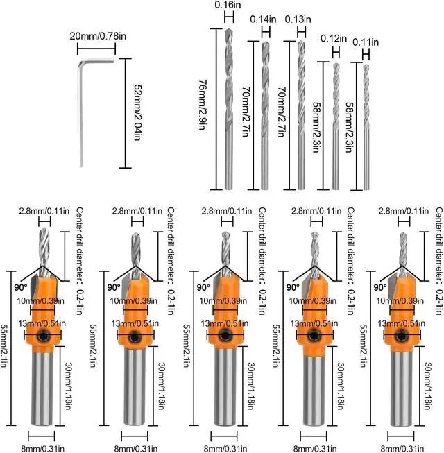 Alt view image 5 of 7 - NSI 15Pcs Countersink Drill Bit Set - Wood Tapered Drill Bits with 5Pcs Extra Replaceable Drill bit,5pcs Hex wrench,Countersink Drill Bit Set for Woodworking, Opening Holes