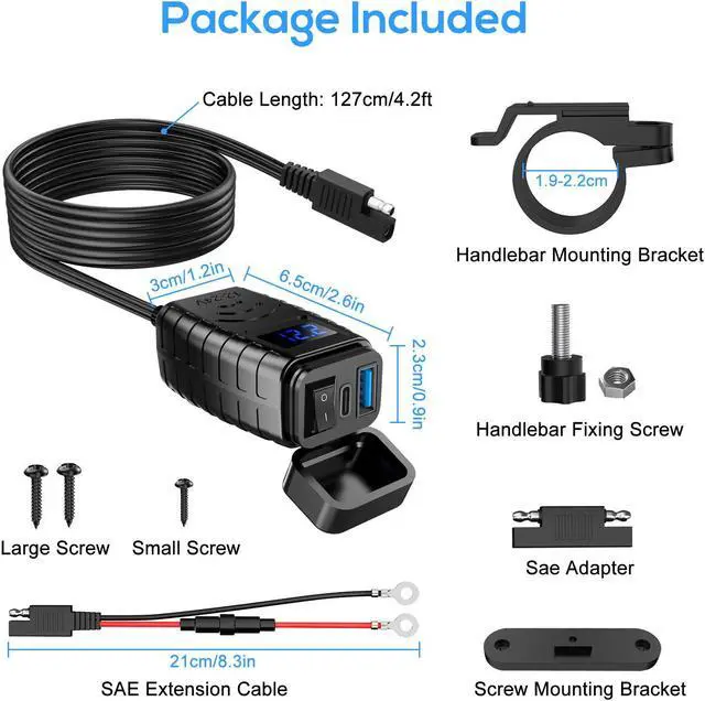 Alt view image 7 of 7 - Motorcycle Dual USB Charger Adapter - Dual USB Type C PD & Quick Charge 3.0 Motorcycle USB Charger with Voltmeter & ON/Off Switch, Fast Charger  for DC12V-24V vehicles (blue)