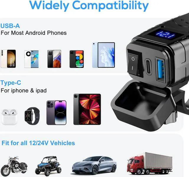 Alt view image 2 of 7 - Motorcycle Dual USB Charger Adapter - Dual USB Type C PD & Quick Charge 3.0 Motorcycle USB Charger with Voltmeter & ON/Off Switch, Fast Charger  for DC12V-24V vehicles (blue)