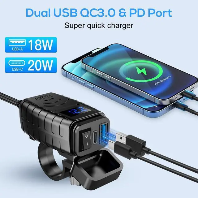Alt view image 6 of 7 - Motorcycle Dual USB Charger Adapter - Dual USB Type C PD & Quick Charge 3.0 Motorcycle USB Charger with Voltmeter & ON/Off Switch, Fast Charger  for DC12V-24V vehicles (blue)