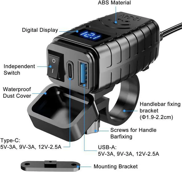 Alt view image 3 of 7 - Motorcycle Dual USB Charger Adapter - Dual USB Type C PD & Quick Charge 3.0 Motorcycle USB Charger with Voltmeter & ON/Off Switch, Fast Charger  for DC12V-24V vehicles (blue)