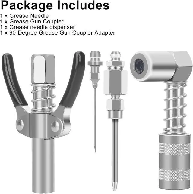 Alt view image 7 of 7 - NSI 4pcs Grease Gun Fitting Kit -  Include 90 Degree Grease Gun Coupler Adapter, Double Handles Grease Gun Coupler, Grease Needle, Needle Tip Dispenser Fit 1/8" NPT Grease Gun