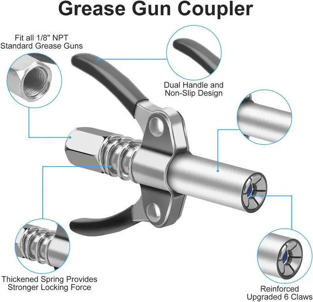 Alt view image 2 of 7 - NSI 4pcs Grease Gun Fitting Kit -  Include 90 Degree Grease Gun Coupler Adapter, Double Handles Grease Gun Coupler, Grease Needle, Needle Tip Dispenser Fit 1/8" NPT Grease Gun