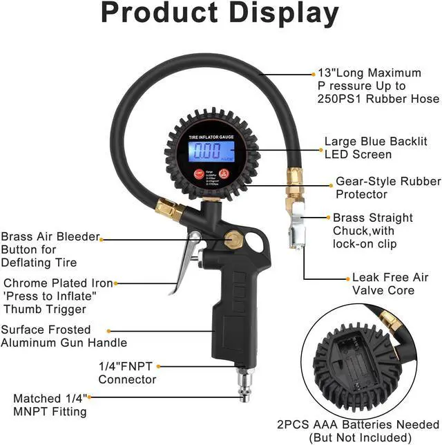 Alt view image 3 of 7 - NSI LED Display Digital Tire Inflator Deflator Pressure Gauge - for Truck/RV/Car/Bike Accurate to ±1 PSI, 0-250 PSI Range
