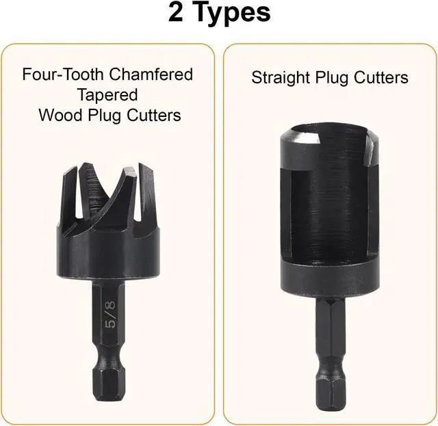 Alt view image 2 of 7 - NSI 8 Pcs Wood Plug Cutter Drill Bit Set - 1/4" Hex Shank, Carbon Steel Straight & Tapered Cutting Tools for Woodworking (1/4", 5/16", 3/8", 1/2")