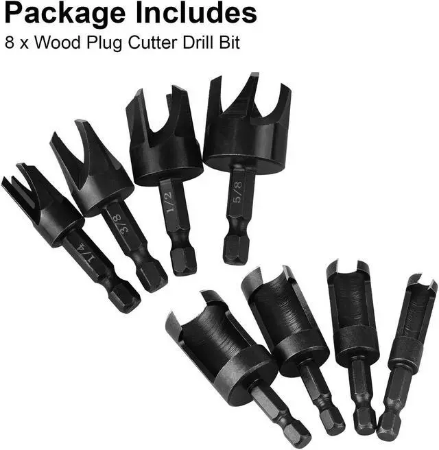 Alt view image 7 of 7 - NSI 8 Pcs Wood Plug Cutter Drill Bit Set - 1/4" Hex Shank, Carbon Steel Straight & Tapered Cutting Tools for Woodworking (1/4", 5/16", 3/8", 1/2")