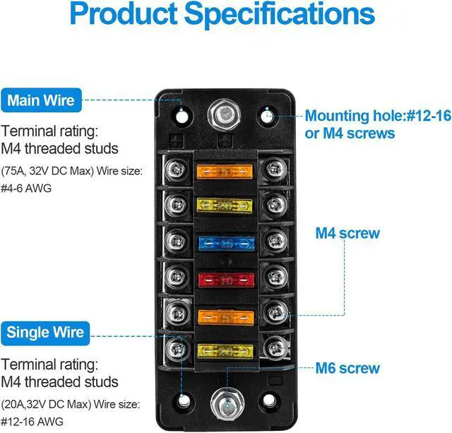 Alt view image 6 of 7 - NSI 6 Way Blade Fuse Block - for Boat, RV,Car,Truck,Trailer, and  SUV Auto Power Distribution with Protection Cover