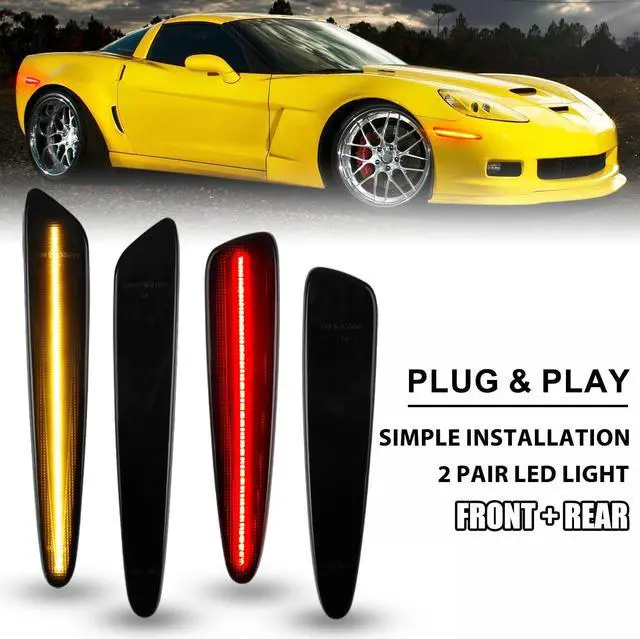 Main image of NSI 2 Pairs LED Side Marker Light for 2005-2013 Chevy Corvette C6  Front Rear Turn Signal Lights, Fender Side Marker Lamps, Black Lens with Amber and Red LED Light