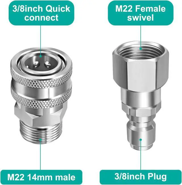 Alt view image 2 of 7 - NSI 4 Pcs Pressure Washer Swivel Adapter Set, Stainless Steel M22 14mm to 3/8 Inch Quick Connect, 5000 PSI