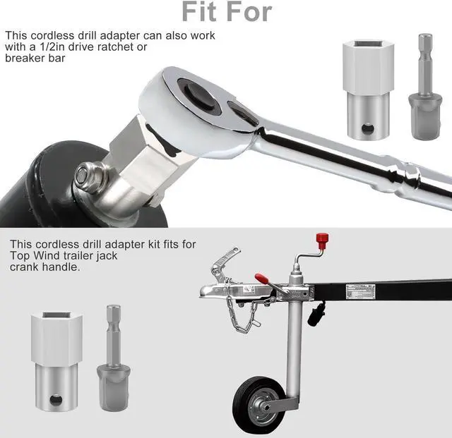 Alt view image 4 of 7 - NSI Stainless Steel Top Wind Trailer Jack Crank Handle Cordless Drill Adapter Kit - with 1/2 Inch Socket Adapter Bit