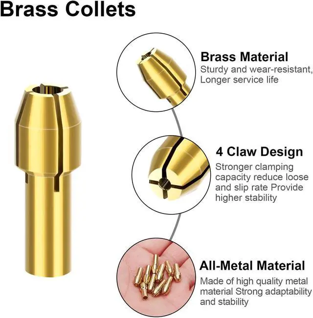 Alt view image 4 of 7 - NSI 15 PCS Drill Chuck Collet Set for Dremel Rotary Tools - 0.8-3.2mm Shank Replacement 4486, Keyless Quick Change Chuck Accessory with 4485 Brass Collet & Metal Nut