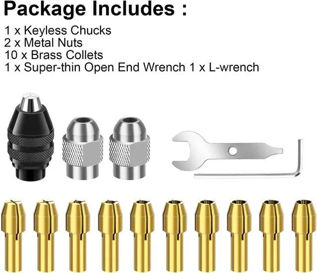 Alt view image 7 of 7 - NSI 15 PCS Drill Chuck Collet Set for Dremel Rotary Tools - 0.8-3.2mm Shank Replacement 4486, Keyless Quick Change Chuck Accessory with 4485 Brass Collet & Metal Nut