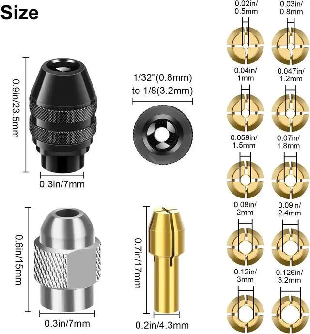 Alt view image 6 of 7 - NSI 15 PCS Drill Chuck Collet Set for Dremel Rotary Tools - 0.8-3.2mm Shank Replacement 4486, Keyless Quick Change Chuck Accessory with 4485 Brass Collet & Metal Nut