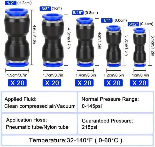 Alt view image 6 of 7 - NSI 100 Pcs Air Hose Fittings Kit - Straight Push-to-Connect Pneumatic Connectors for Air Lines, Compatible with 4-16 mm Tubes, Quick Release (Blue & Black)