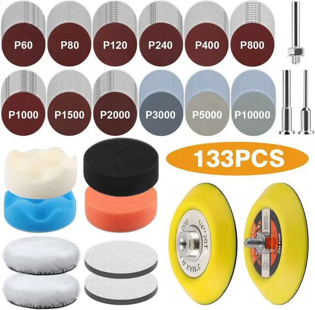 Main image of NSI 133 Pcs 3 Inch Sanding Disc Kit,60-10000 Grit Wet Dry Sandpaper Pads for Car Headlight Restoration and Multi-Surface Polishing
