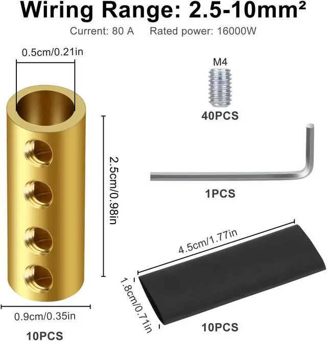 Alt view image 6 of 7 - NSI 10 Pcs 6 AWG Gauge Wire Connector Nut Kit - 80A Quick Wiring Connection Terminal with Screws and Heat Shrink Tubes