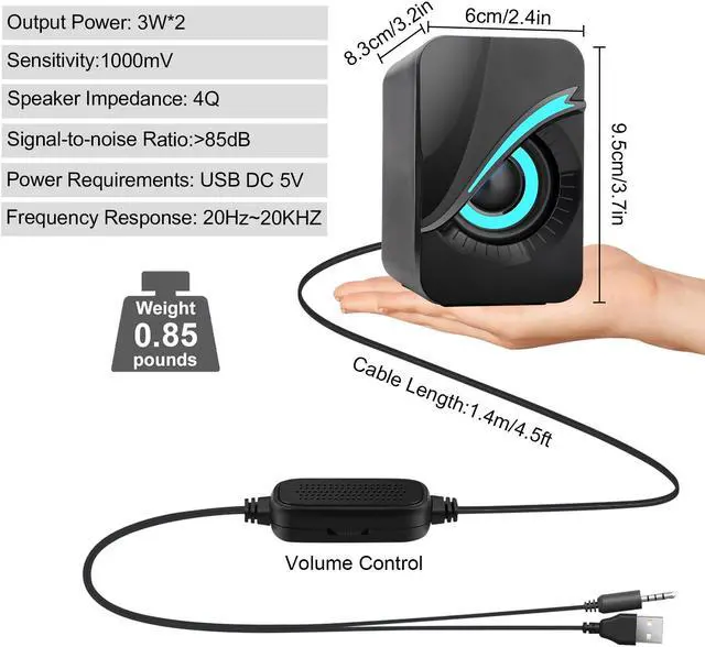 Alt view image 6 of 7 - NSI RGB Lighting Wired small Computer Speaker - Dual 3W Speakers, 3.5mm jack,USB Powered, Perfect for Music, Movies, and Gaming (Black)