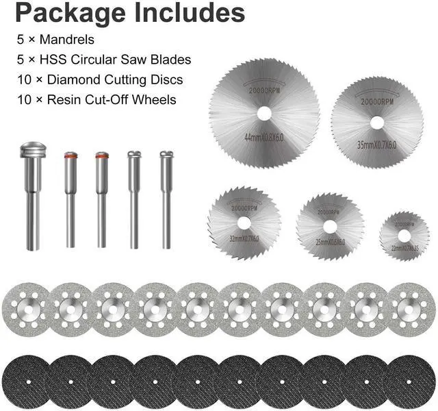 Alt view image 7 of 7 - NSI 30 Pcs Cutting Wheel Set for Rotary Tool - HSS Circular Saw Blades, Diamond, and Resin Cutting Discs for Wood, Plastic, Stone, and More