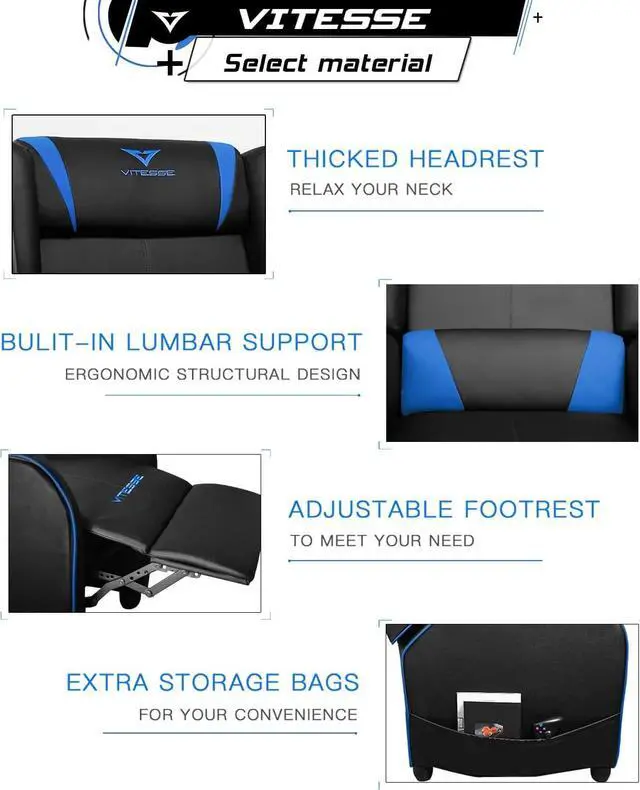 Alt view image 2 of 6 - VITESSE VIT Gaming Recliner Chair Racing Style Single PU Leather Sofa Modern Living Room Recliners Ergonomic Comfortable Home Theater Seating, Blue., Welcome to consult